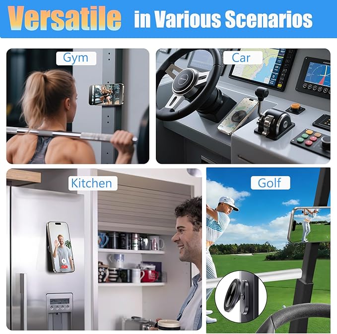 Magnetic Phone Holder for Gym & Golf, 360° Adjustable Ball Joint Strong Magnet Base Mount, Dual Magnetic Phone Mount for MagSafe iPhone 12-17 Series