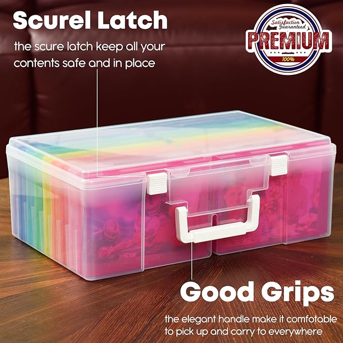ALINK Photo Storage Box 5" x 7" with Handle, 18 pcs Inner Photo Container Organizer and Craft Keeper, Portable Picture Case with Label for Arts, Crafts, Sewing, Stickers, Office Supplies - Colored
