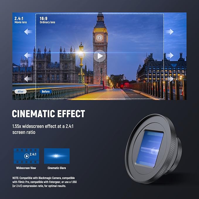 NEEWER 1.55X Blue Flare Anamorphic Phone Camera Lens with 17mm Threaded Clip, 4 Elements 4 Groups 2.4:1 Wide Screen Cinematic Mobile Photography Effect Compatible with iPhone Android Samsung, LS-75