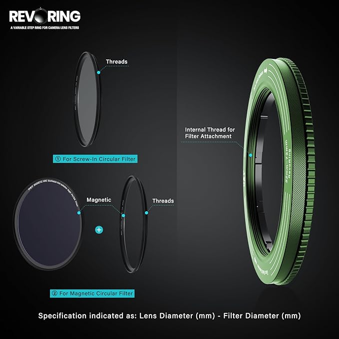 H&Y RevoRing Adjustable Step Up Ring 52-72mm to 77mm, Variable Lens Filter Adapter Ring, Universal Stepping System fits 52 55 58 62 67 72mm, Vintage Green
