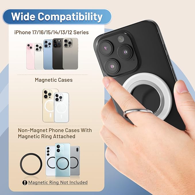 Phone Ring Holder, Dual Sided Magnetic Phone Grip Magnet Cell Phone Finger Holder for Hand Removable Slim Handle Grip Kickstand Compatible for MagSafe iPhone 17/16/15/14/13/12 Series, White