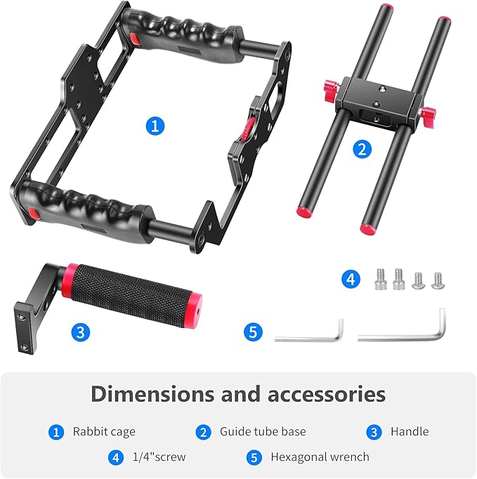 NEEWER Camera Video Cage Film Movie Making Kit, Aluminum Alloy with Top Handle, Dual Hand Grip, Two 15mm Rods, Compatible with Canon Sony Fujifilm Nikon DSLR Camera and Camcorder (Black + Red)