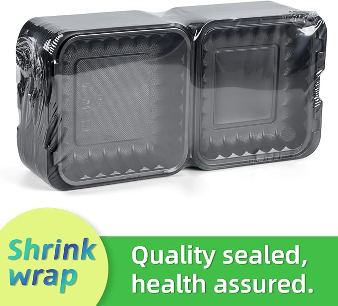 LEOBOX To Go Containers Mineral Filled PP Plastic - 8 Inch 34oz 55 Pack | Shrink Wrap BPA Free Takeout Boxes | Freezer & Microwave Safe for Food Delivery | Salad Breakfast Black Disposable Container