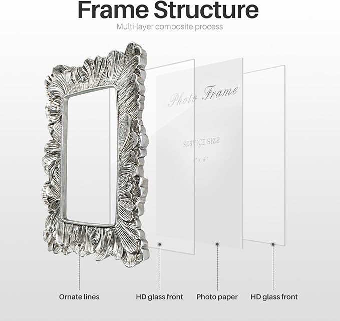 Cuspin 4x6 Picture Frame Silver, Vintage Ornate Palm Leaves Textured Hand-Crafted Resin Frames with Glass Front, Elegant Wedding Frame for Wall Hanging and Tabletop Display Home Decor