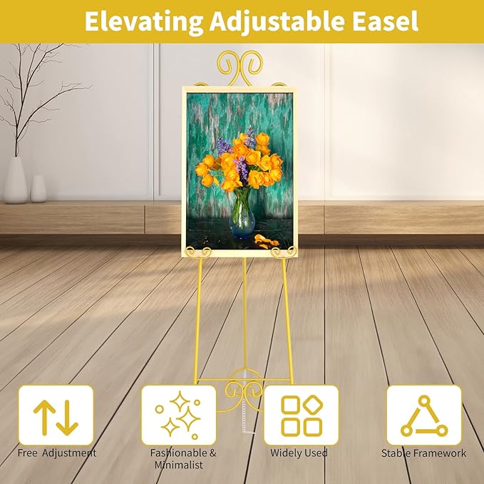 Gold Easel Stand for Sign, Vintage Decorative Adjustable Floor Metal Display Easel with Chain Support for Wedding Signs, Art, Posters, Pictures, Welcome Signs, Suitable for Home, Parties, Galleries