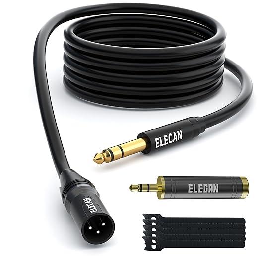 Elecan 6.35mm (1/4 Inch) TRS Male to XLR Male Cable 15 Ft, Balanced Professional Shielded Stereo Microphone Cable Cord, Gold Plated for Mixer AMP Speaker Amplifier with 6.35 to 3.5mm Adapter+Ties