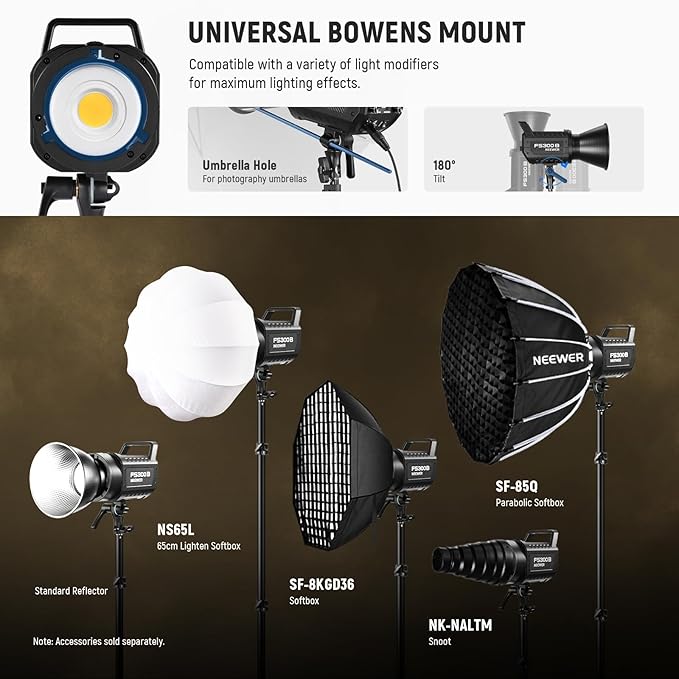 NEEWER FS300B 300W LED Studio Video Light, Bi Color COB Continuous Lighting with 2.4G/APP Control 44500Lux/1m 2700K-6500K CRI97+, 12 Scenes, Bowens Mount Spotlight for Photography Recording Streaming