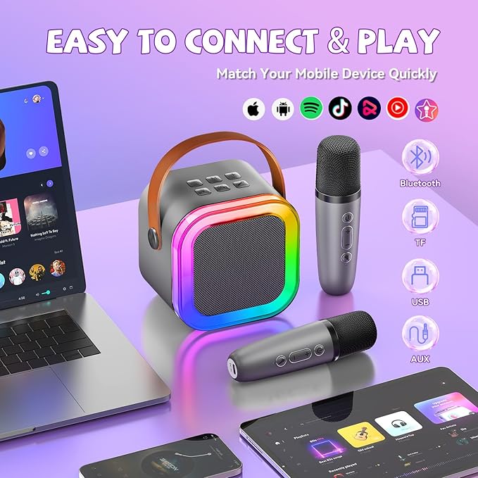 【2026 Newest】 Mini Karaoke Machine for Kids Girls & Boys - Portable Bluetooth Speaker with 2 Wireless Microphones - Kids Birthday Gifts for Ages 4-10 - Kids' Instrument Accessories - Space Gray