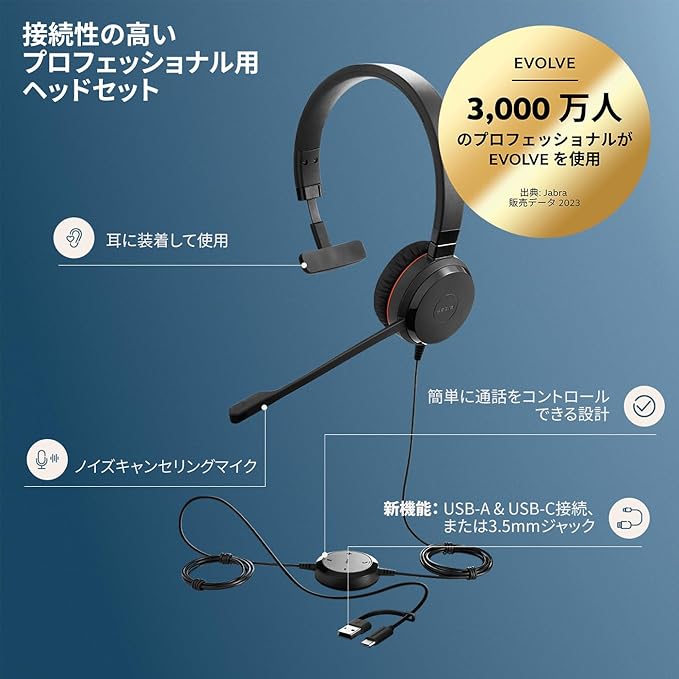Jabra Evolve 20 SE Mono Headset - Microsoft Certified Headphones for VoIP Softphone with Passive Noise Cancelling - USB-C/A - Black