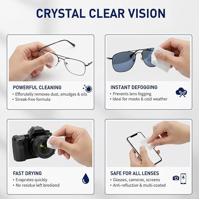 Lens Cleaning Wipes – 220 PCS Eyeglass Cleaner Wipes, Individually Wrapped, Streak-Free & Fast-Drying for Glasses, Sunglasses, Camera Lenses, Phone & Laptop Screens
