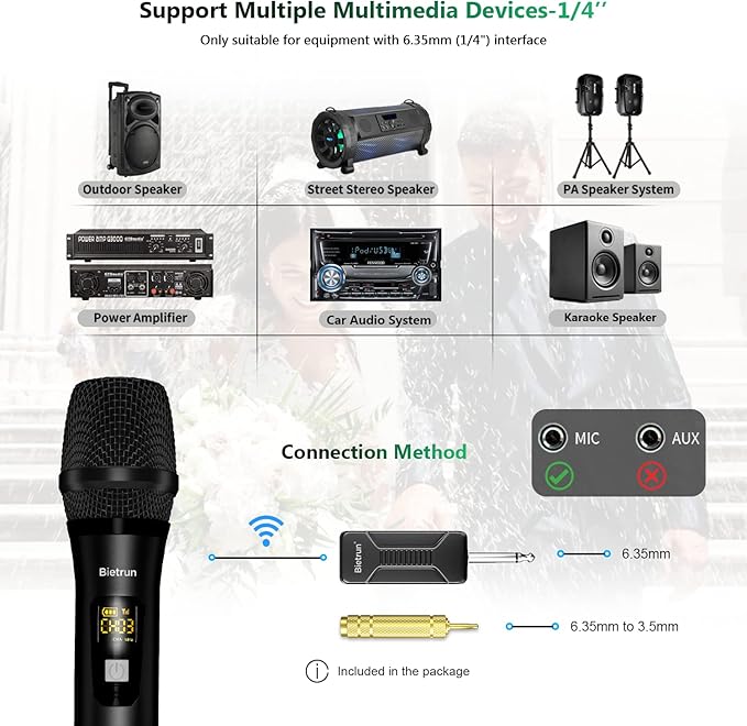 Bietrun Wireless Microphone, Dynamic Microphone with Rechargeable Receiver, Auto Connect,All Metal Design,160ft Range,Cordless Mic for Karaoke Machine,Amplifier Speaker,Mixer,iPhone,Camera, Interview