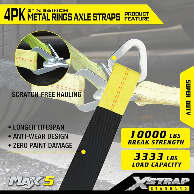 XSTRAP STANDARD 4 Pack of 36 x 2" Axle Strap with Protective Sleeve and D-Ring for Securing Car Transport, Axle Tie Down Straps - 3333 Lb. Capacity 10,000 Breaking Strength