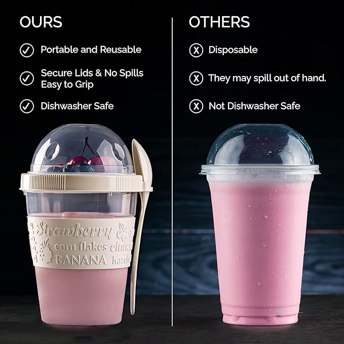 Crystalia 4 Pack 20 oz On The Go Yogurt Parfait Cups with Lids & Spoons, Overnight Oats Containers/Jars, Oatmeal Container to Go with Topping for Cereal, Milk, Yogurt, and Fruit Salad Storage (Large)