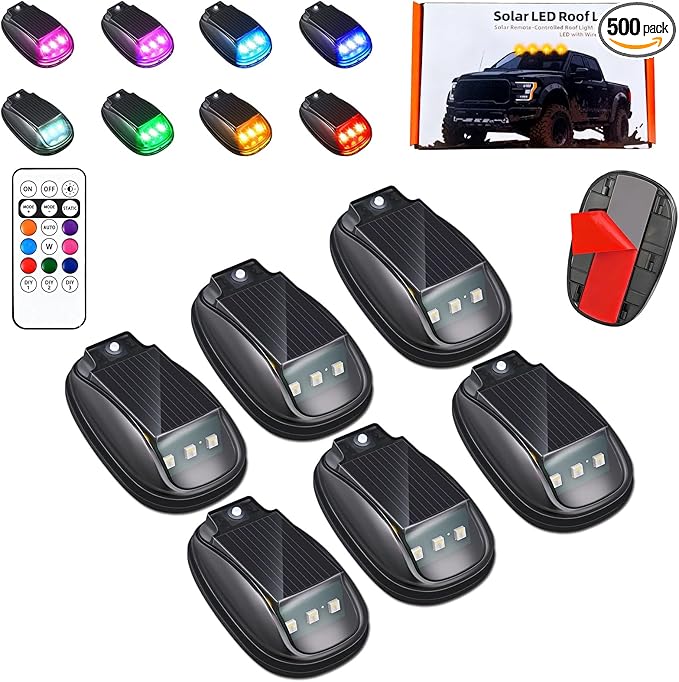 Solar Car Roof RGB Strobe Light with Remote Control Cab Signal Lam, No Drill Solar Cab Lights, 8 Colors LED Strobe Lights, Waterproof Solar LED Roof Lamp for Trucks Cars, SUVs, RVs (6pcs)