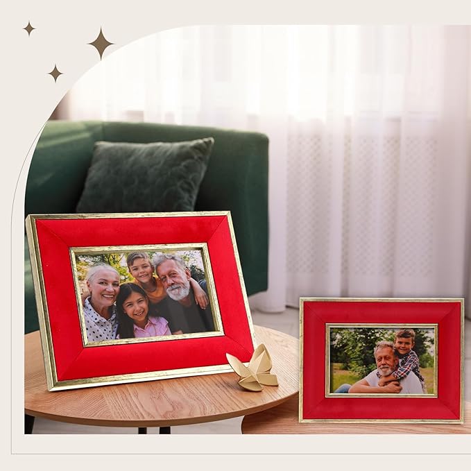 Kathfly 1 Pcs Red Velvet Picture Frame 4 x 6 Inch Vintage Photo Frame with Gold Metal Edge Horizontal & Vertical Mount for Poster Artwork Puzzles Tabletop Wall Display Christmas Home Office Decor