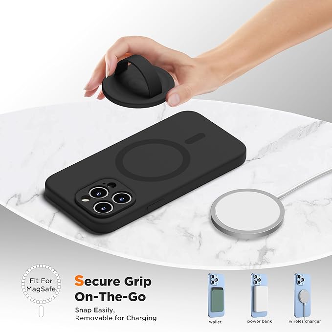 Upgraded Magnetic Phone Grip, Liquid Silicone Soft and Portable, Removable Finger Loop Ring Grip Holder for iPhone, Strong Magnetic Attraction, Compatible with MagSafe Phone Case, Black