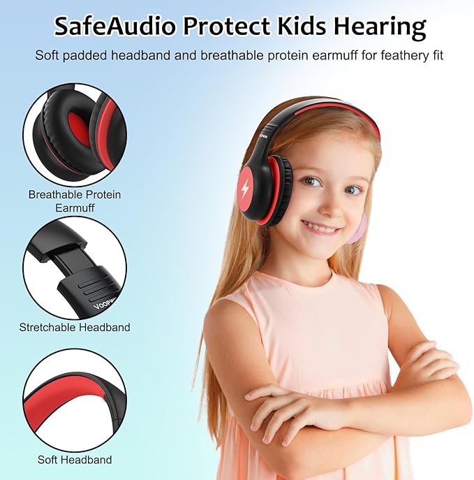 Kids Headphones Wired with Microphone, USB Type C Headphones for Kids Girls Boys with Cord/LED Lights/85/94dB Volume Limit, Portable Over Ear Headphones for School/Travel/Tablet/iPad