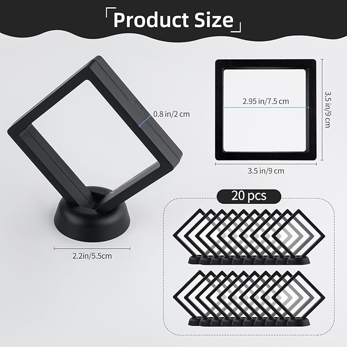 20 Pcs Black Floating Frame Case with Stands, 3.5X 3.5 x 0.8 inch, Challenge Coin Display,Transparent PE Jewelry Storage Box, Floating Display Holder Stands for Antique Challenge Coins, Medallion