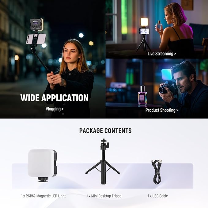 NEEWER Magnetic RGB Camera Video Light with Desk Tripod Stand & 3 Cold Shoes, Upgraded APP Control, CRI97+ 2500-8500K 2000mAh Rechargeable Photography Recording Small LED Panel Lighting, RGB62