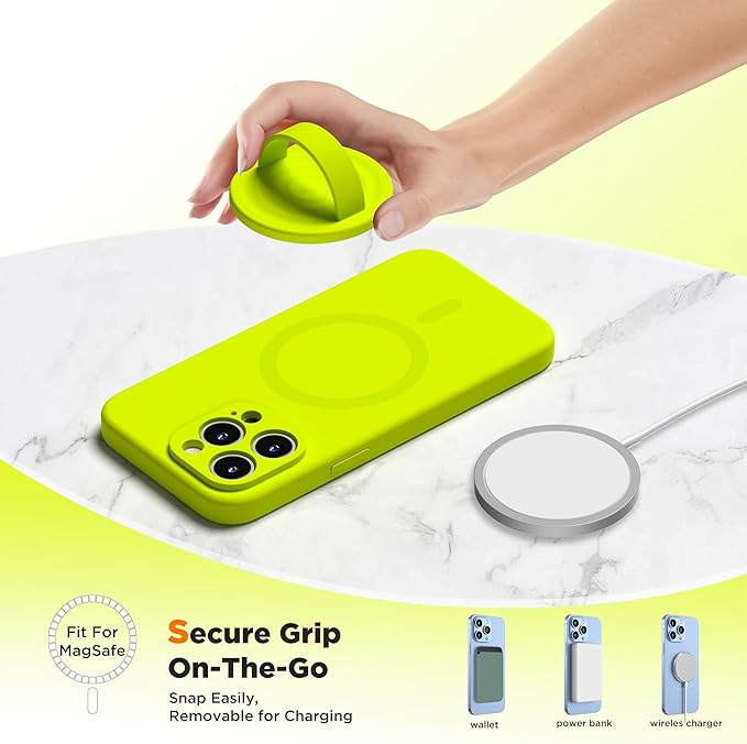 Upgraded Magnetic Phone Grip, Liquid Silicone Soft and Portable, Removable Finger Loop Ring Grip Holder for iPhone, Strong Magnetic Attraction, Compatible with MagSafe Phone Case, Neon Yellow
