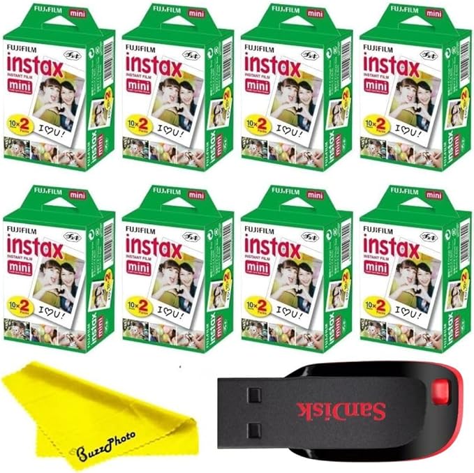 Fujifilm Instax Mini Instant Camera Film with Sandisk 32 GB USB Flash Drive + 8 x Mini Twin Packs (160 Sheets) and Buzz-Photo Microfiber Cleaning Cloth