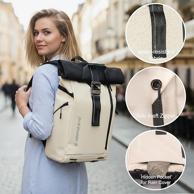 Besnfoto Camera Backpack, Waterproof Travel Camera Bag for Photographer Expandable Roll Top Photography Case for DSLR SLR Mirrorless Camera Fit up to 15.6 inch Laptop with Rain Cover