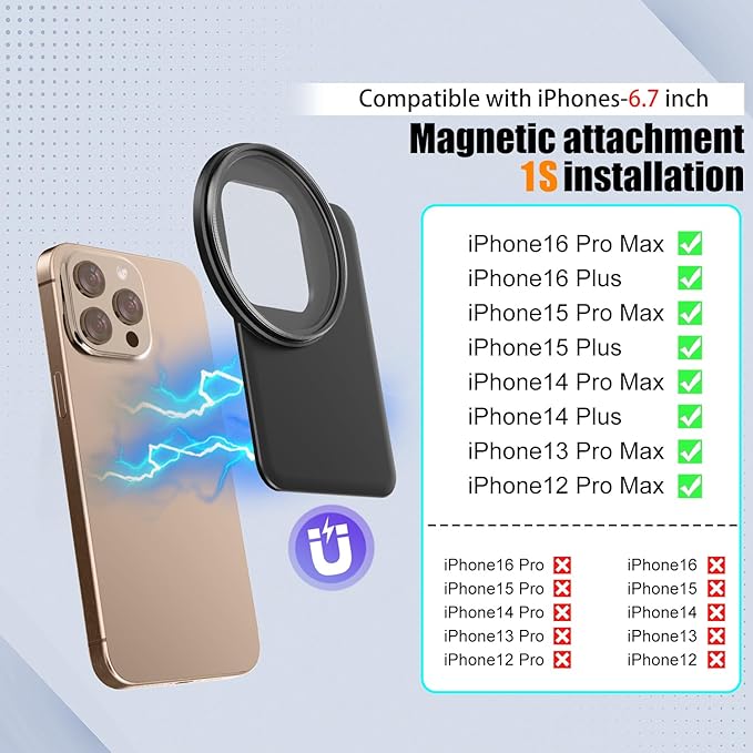 67mm Magnetic Lens Filter Mount Universal Magnetic Filter Clip Adapter Compatible for iPhone 16 Pro Max/16 Plus/15 Pro Max/15 Plus/14 Pro Max/14 Plus/13 Pro Max/12 Pro Max(No Filter)