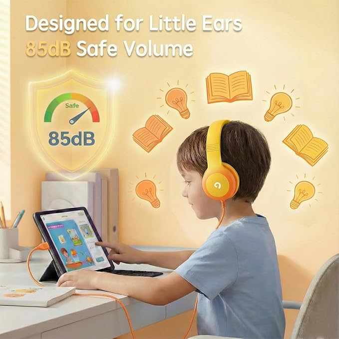 Wired Kids Headphones with USB C Plug, 85dB Safe Volume, Adjustable Headband, Tangle-Free Cord Headphones for School, Tablet, Travel (Yellow & Orange, Without Microphone)