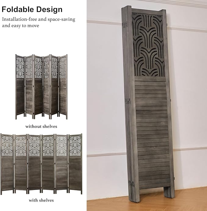 Folding Room Divider, 66.9 Inch 6 Panels Wood Carved Privacy Screens, Free Assembled Freestanding Portable Separation Wall for Home Office Restaurant Bedroom (Gray)