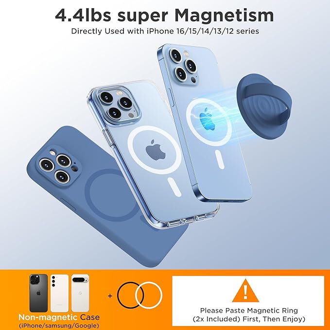 Upgraded Magnetic Phone Grip, Liquid Silicone Soft and Portable, Removable Finger Loop Ring Grip Holder for iPhone, Strong Magnetic Attraction, Compatible with MagSafe Phone Case, Azure Blue