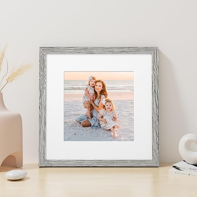 Vittanly 12x12 Picture Frame, Made of Solid Wood and Shatterproof Plexiglass, Display Pictures 8x8 with Mat or 12x12 without Mat, Wooden Photo Frame for Wall Mounting, Grey, 1 Pack