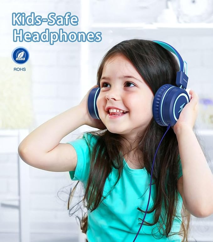 Kids Headphones with LED Lights for School, Upgrade USB Type C Kid Headphone with Microphone, Volume Limiter 85/94dB, Wired On Ear Headphones for Boys/Girls/Tablet/Travel -Blue