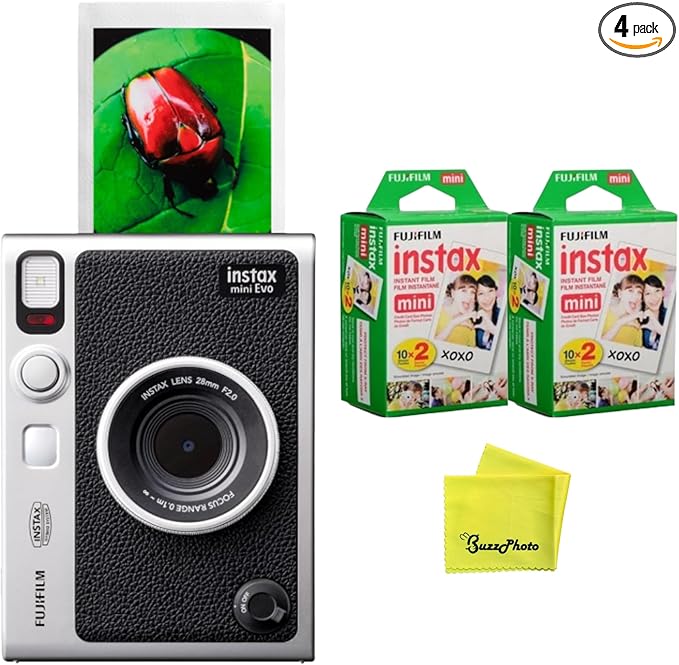 Fujifilm Instax Mini EVO Instant Camera (Black) w/BuzzPhoto Microfiber Cleaning Cloth and 2 Twin Packs Mini Instant Film