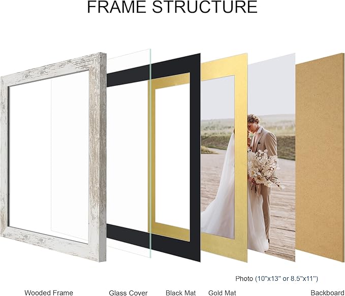 10x13 Picture Frame Set of 4, Made of Real Glass and Distressed White Frame, 10 by 13 Photo for Wall or Tabletop - Display Picture 8.5x11 with Mat or 10x13 Without Mat