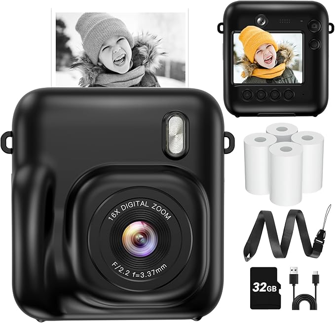 Instant Camera, Dual-Lens Kids Camera Instant Print for Boys Girls Christmas Birthday Gifts, 1080P Digital Cameras for Kids Teens with Print Paper, 32GB Card, Toddle Toy for Age 4-12 Years(Black)