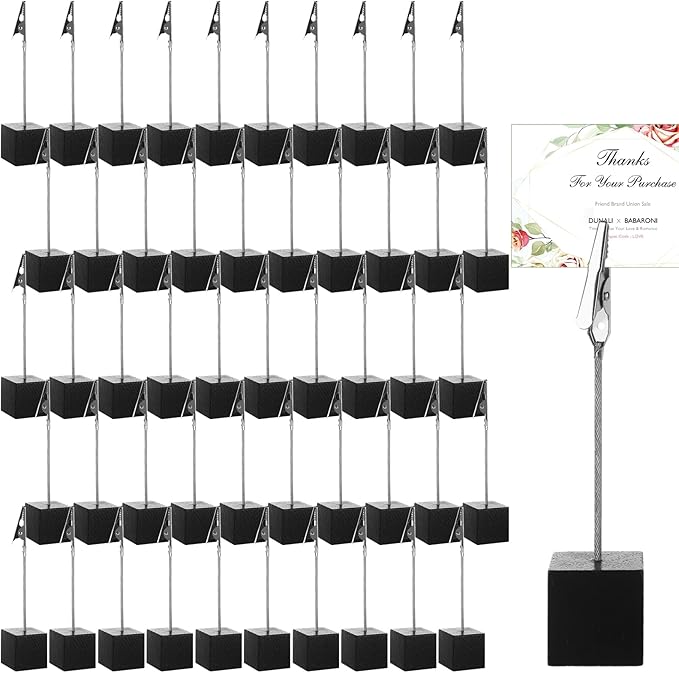 WOPPLXY 50 Pcs Place Card Holder Cube Photo Clips Holder with Alligator Clip, 4.7 x 1 Inch Table Number Holders Cube Base Memo Clips Holders for Displaying Pictures Number Card Wedding Party (Black)
