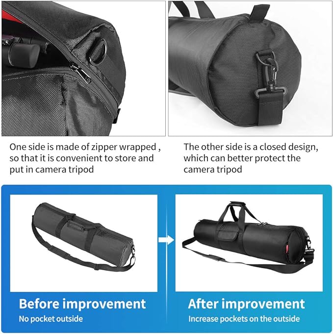 HEMMOTOP Tripod Case, 31.5x7 in Heavy Duty Tripod Bag with Shoulder Strap and Handle, All Sides Thick Padded Carrying Case with Two Zippered Pockets for Speaker Stand, Monopod - R08018 Black