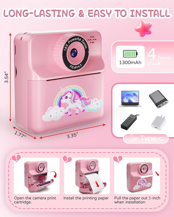 Instant Print Camera for Kids, Digital Selfie Cameras with Carry Case & 5-Color Paper, Portable Toddler Toy Christmas Birthday Gifts for 3 4 5 6 7 8 9 10 11 12 Year Old Girls - Pink