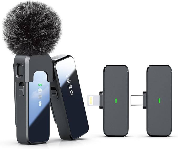 Rythflo Wireless Lavalier Microphone for iPhone Android PC with Noise Cancellation, 100ft Transmission, 18H Battery Life, Lightning & USB Type-C Wireless Lapel Microphone for Video Recording