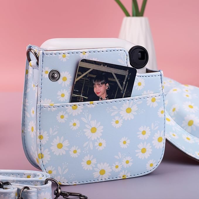 Frankmate Protective Case Fit for Fujifilm Instax Mini 12 11 9 8 Camera, PU Leather Camera Bag with Pocket and Adjustable Shoulder Strap (Blue Daisy)