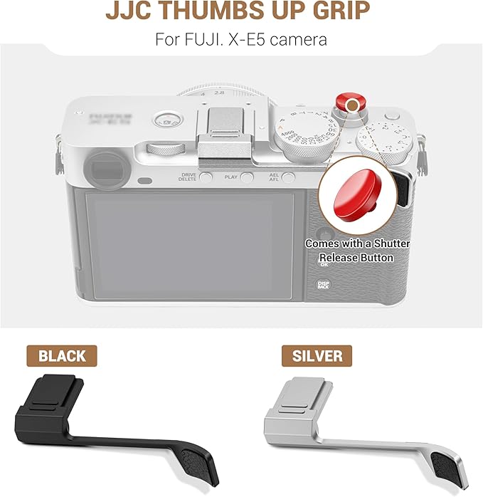 JJC Metal Thumb Grip & Shutter Release Button for Fuji Fujifilm X-E5 XE5 Mirrorless Camera, Hot Shoe Cover Protector Thumb Support, Anti-Scratch Silicone Pad for Stable & Safe Hand Hold, Black Color