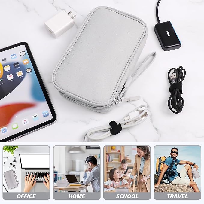 Electronics Organizer Travel Case,Cable Tech Organizer Bag,Medium Size Water Resistant Double Layers Pouch Carry Case for Cord,Phone,Charger,Earphone,Travel Accessories Essentials for Men,Grey