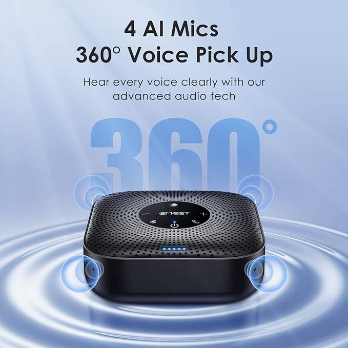 EMEET Conference Speakerphone M0 Plus, 4 AI Mics 360° Voice Pickup, Noise Reduction, USB C Speaker, Bluetooth Conference Speaker for 8 People w/Daisy Chain for 16 Compatible with Leading Software