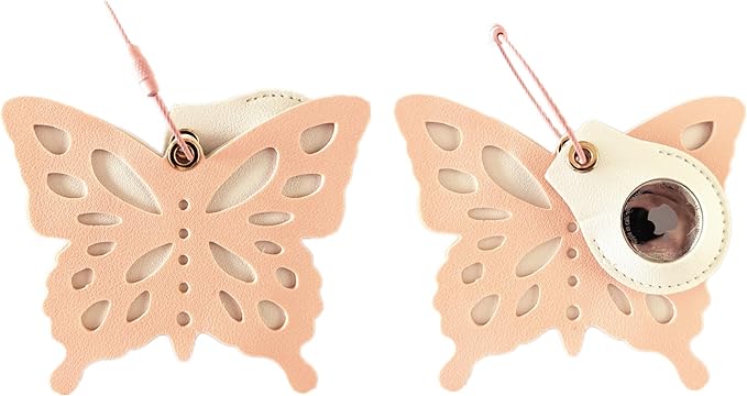 Cute Leather Luggage Tag Holder Case Compatible with AirTag,Hidden Compartment for Travel Suitcase Tracking Case with Stainless Steel Loop,Name ID Label(Butterfly B)