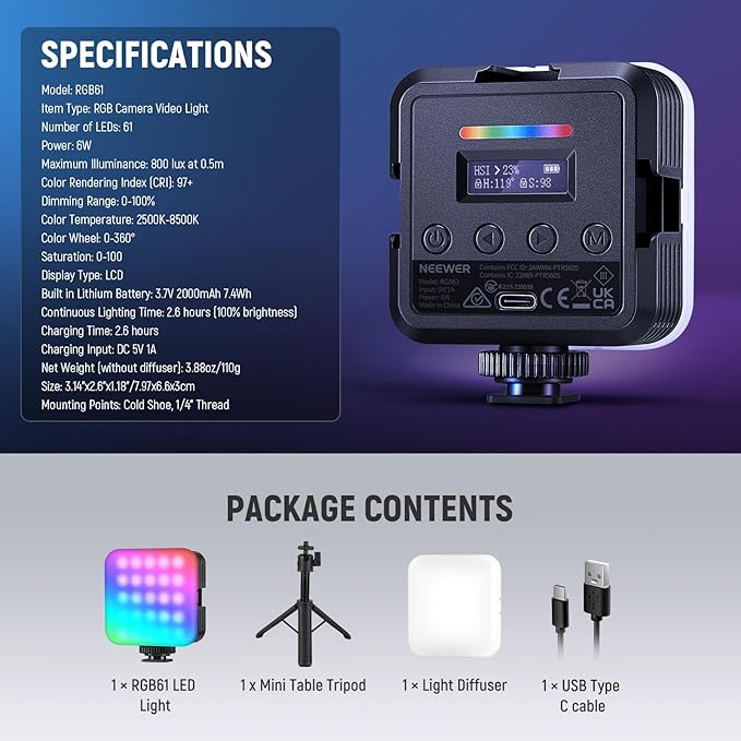 NEEWER Magnetic RGB Video Light with Desk Tripod Stand & 3 Cold Shoes, 360° Full Color LED Camera Light, CRI97+/20 Scenes/2500K-8500K, 2000mAh Photography Recording Small Panel Lighting, RGB61