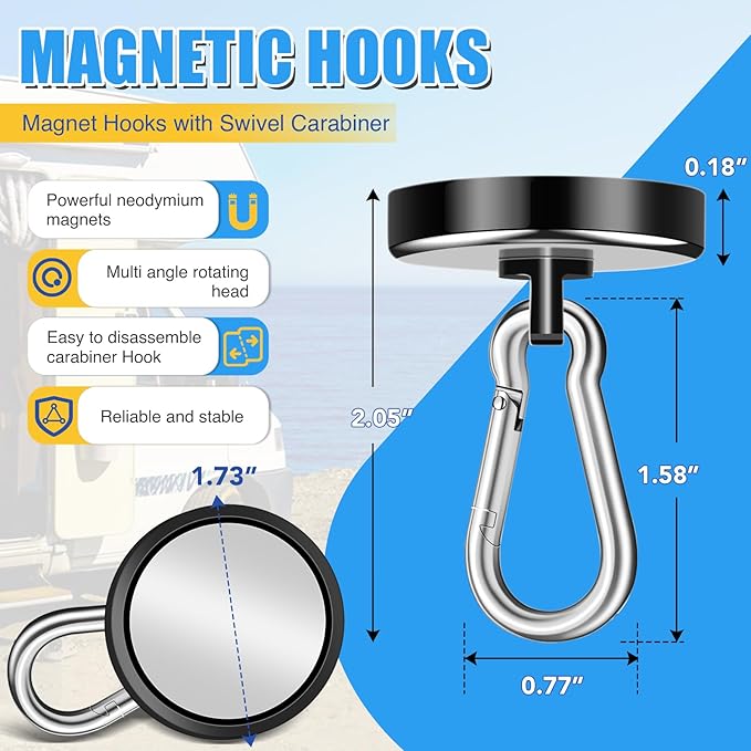 VSKIZ 200Lbs Magnetic Carabiner Hooks, 2 Pack Strong Magnetic Hooks Heavy Duty with Swivel Carabiner for Cruise, Black Neodymium Magnet Hooks Magnetic Wall Hanger for Hanging, Toolbox, Grill, Cabins