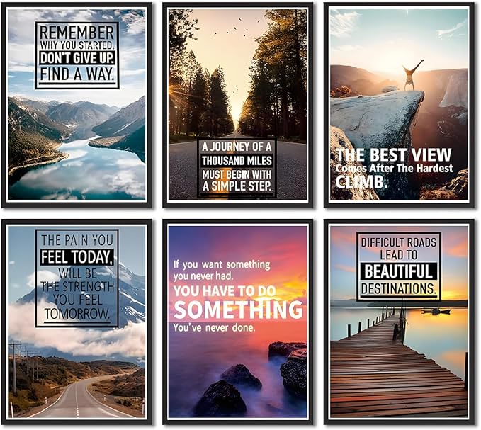 Zhfmoir Motivational Wall Art Posters Set of 6, Inspirational Quotes Canvas Prints Mountain Nature Landscape Wall Decor for Office Classroom Gym Bedroom Home Decor 8x10 Unframed