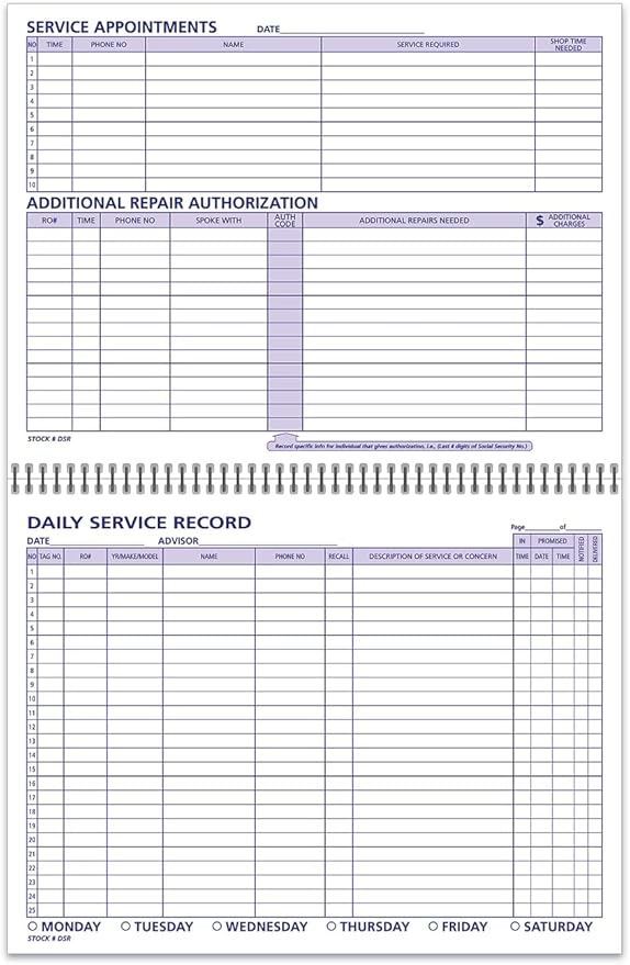 Daily Car Service Record Book – 8.5" x 11" Spiral Bound Auto Service Log – Blue Ink Durable 90# Paper – Automotive Service & Repair Tracking – Dealership Workshop Record - 100 Pages/Book (Book of 2)
