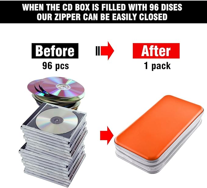 DVD Case, Bivisen CD Case Holder Wallet Binder 96 Capacity CD/DVD Cases Storage Holder Binder Organizer Wallet Book for Car Home Travel (Orange)