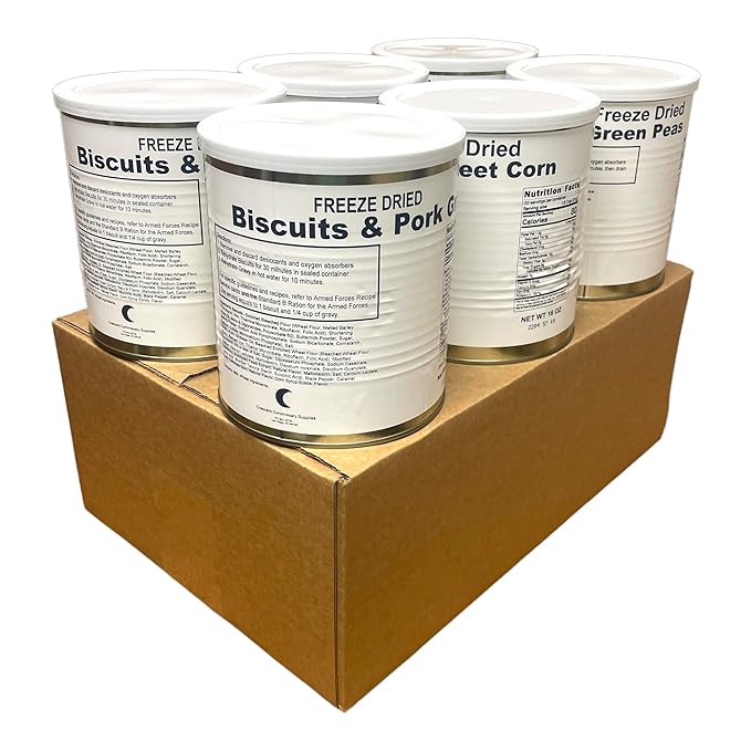 Freeze Dried Holiday Variety Long Term Food Storage and Emergency Preparedness Kits |Survival, Hunting & Emergency Food |25+ Year Shelf life | 6 Cans Per Case(2 Cans Biscuits and Gravy, 2 Cans Corn, 2